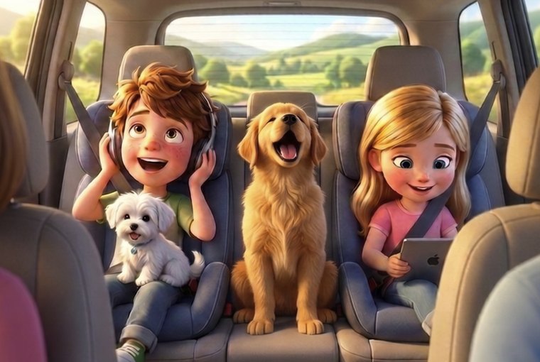 A family road trip: kids and dogs listening in the car